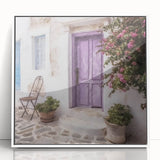 Art Deco style poster of a Greek door architecture, framed acrylic in white, suitable for modern art wall decor.