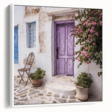 Vintage poster art of a Greek door design on framed canvas, featuring black and colorful art.