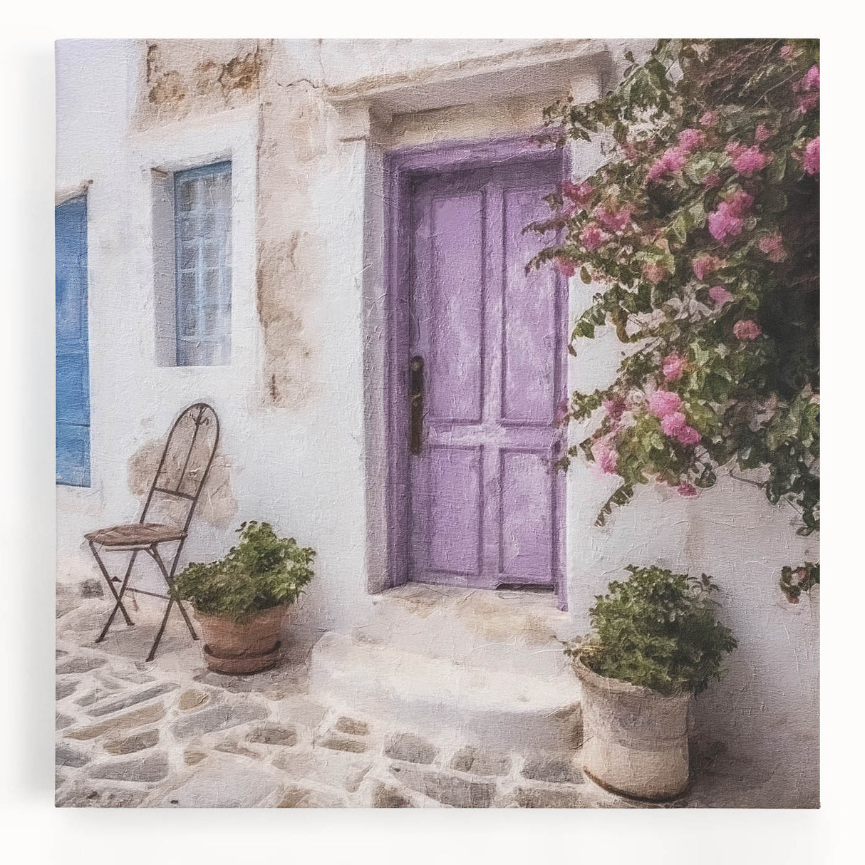 Black and white photograph of a Greek door architecture on stretched canvas, suitable for kitchen wall art.