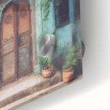 Close-up of a mid-century modernist Indian door design on acrylic glass, featuring earthy tones, ideal for dining room art.