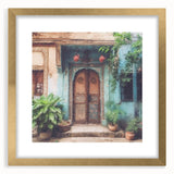 Extra large abstract art print featuring a textured depiction of an ornate Indian door, in a gold frame.
