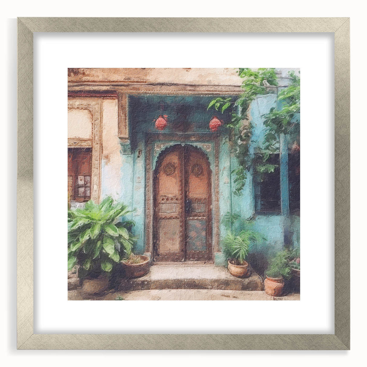 Textured abstract art print of an Indian door, featuring earth tones on a framed canvas, suitable for bedroom art.