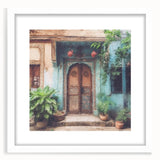 Abstract art print of an Indian door in muted earth tones on a white matted frame, suitable for dining room decor.