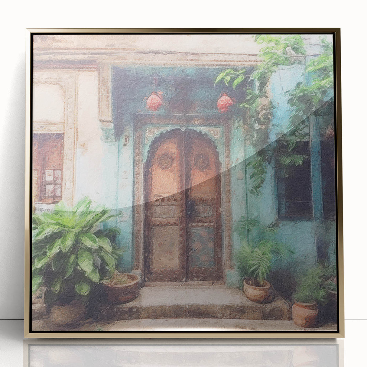 Large art print of Indian architecture featuring a detailed door design in gold tones on framed acrylic.
