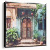 Black and white framed canvas featuring a vintage poster art style Indian door, ideal for bedroom wall decor.