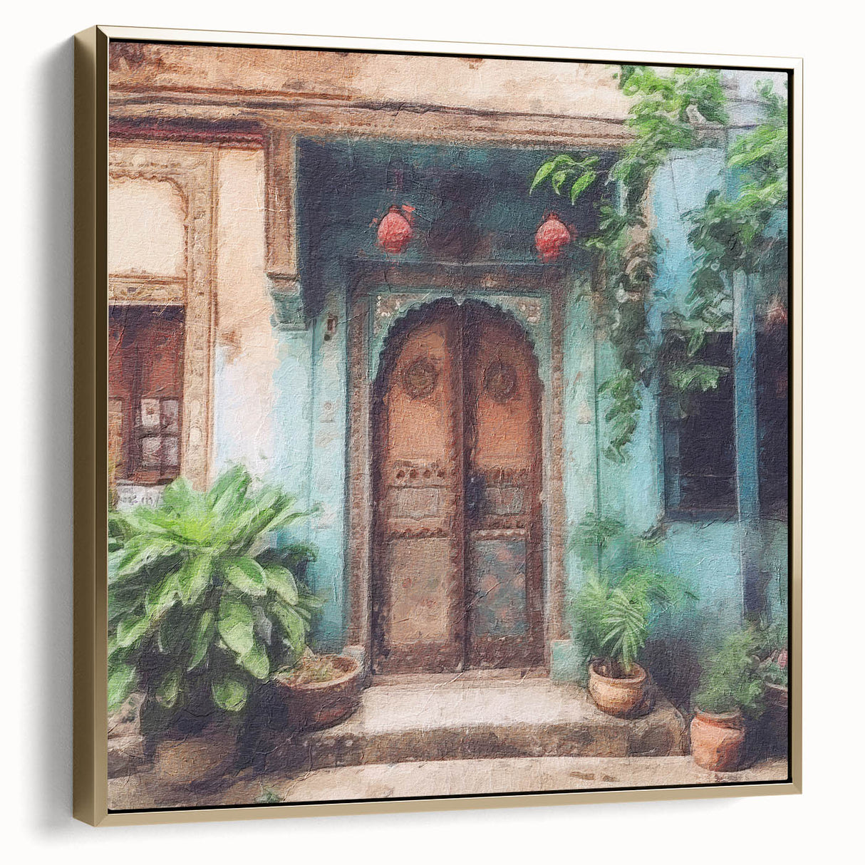 Framed canvas of a vintage-style Indian door in silver and gold tones, suitable for bedroom wall art.