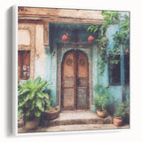 Vintage poster art of an ornate Indian door in colorful tones on framed canvas, suitable for living room decor.