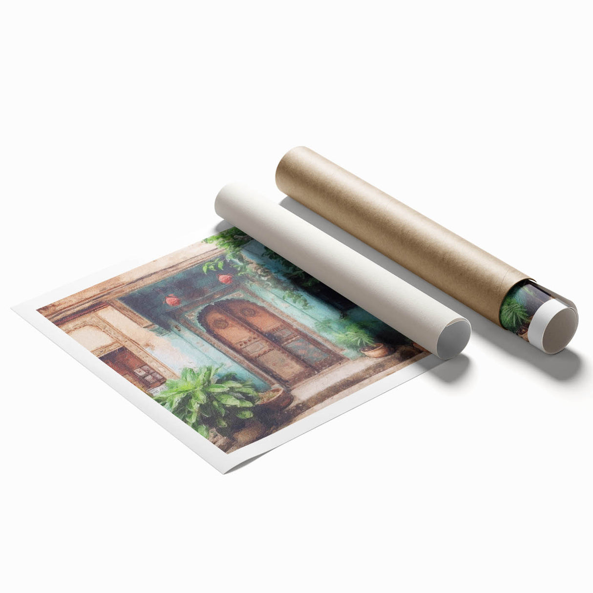 Extra large rolled print featuring a detailed Indian door design with floral motifs in earthy tones.