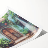 Extra large rolled print featuring line art flowers and architectural elements in monochrome.