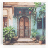 Black and white photograph of an ornate Indian door on stretched canvas, ideal for kitchen wall art.