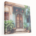 Detail of an Indian architecture door depicted in vibrant earth tones on a large stretched canvas.