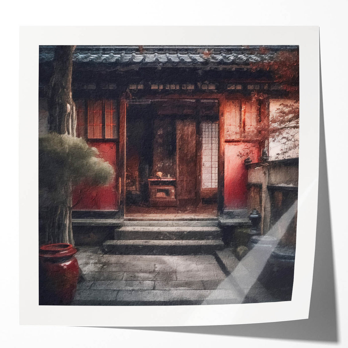 Extra large floral art on glossy photo print, featuring a traditional Japanese door.