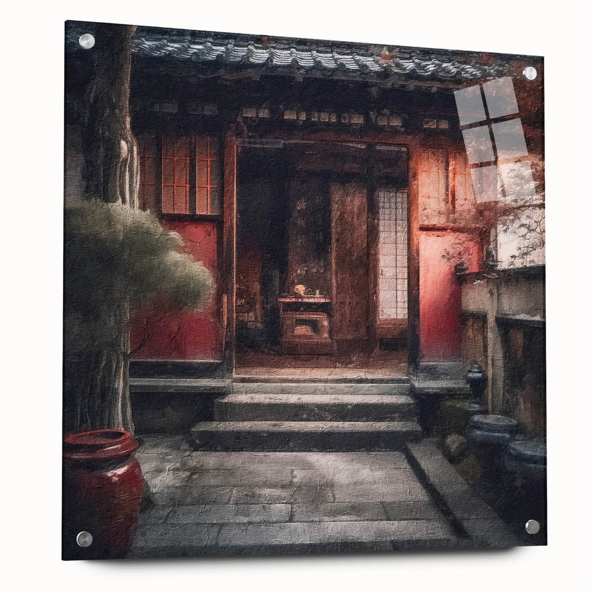 Acrylic print of a large abstract Japanese door design in muted earth tones, suitable for bedroom or dining room decor.