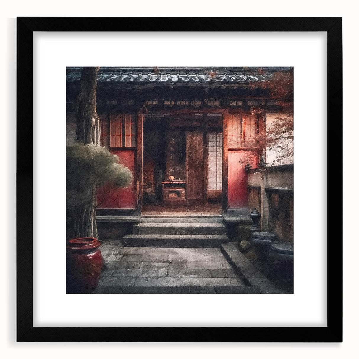 Extra large abstract art print featuring a colorful, textured depiction of a Japanese door, framed in black.