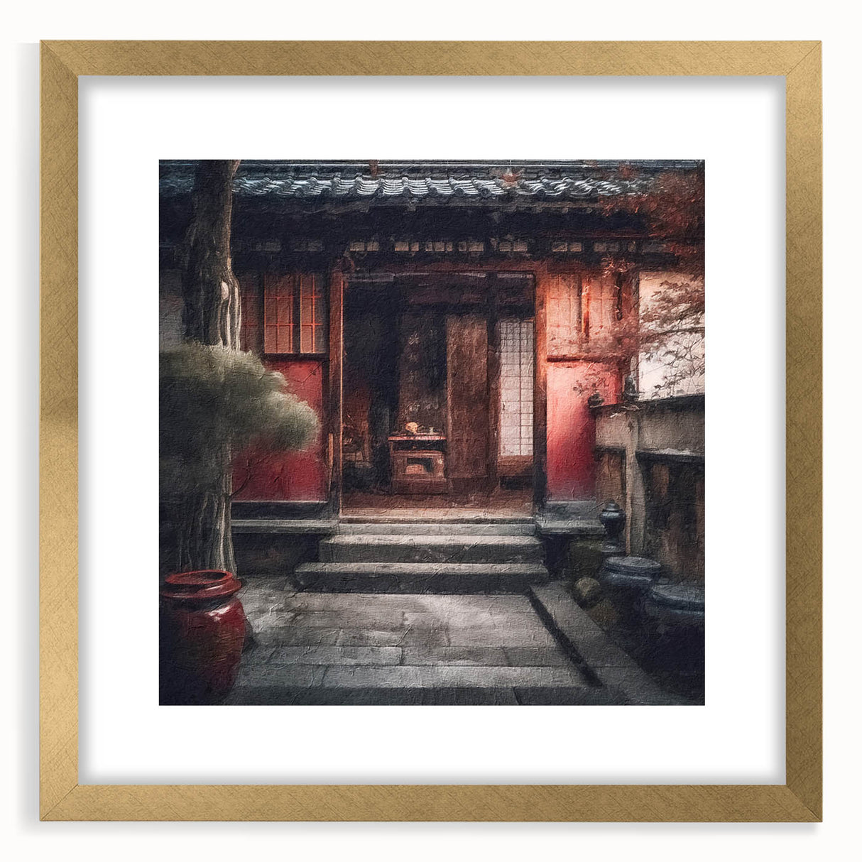 Extra large abstract art print depicting a textured Japanese door, in gold frame with mat, suited for living room decor.