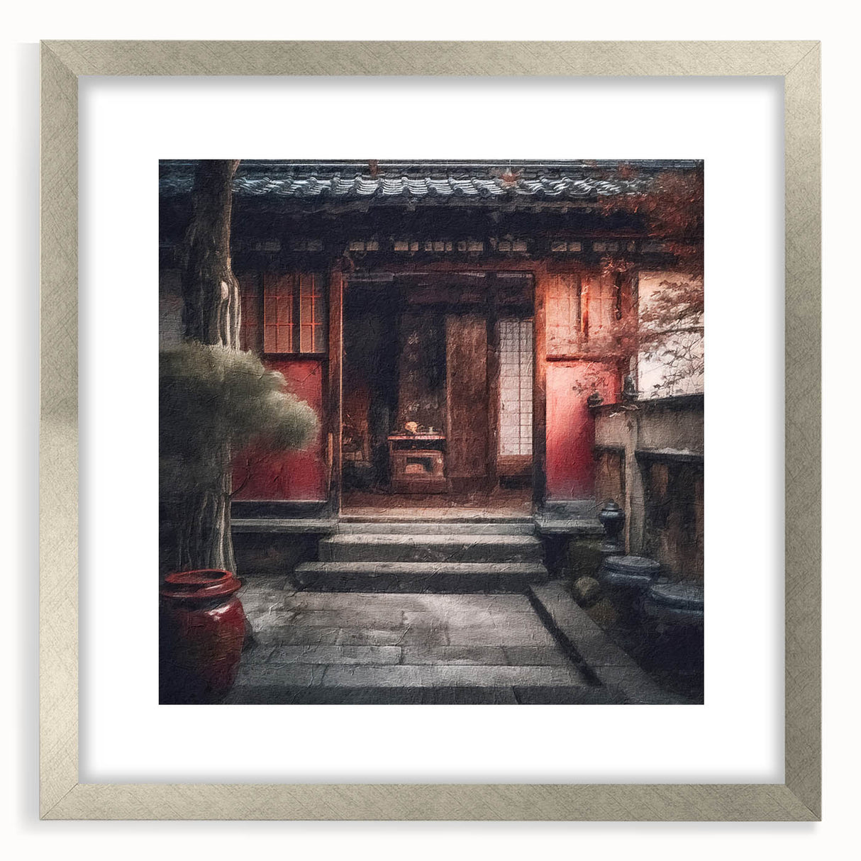 Textured art print of a Japanese door in abstract style, silver framed with mat, ideal for bedroom art.
