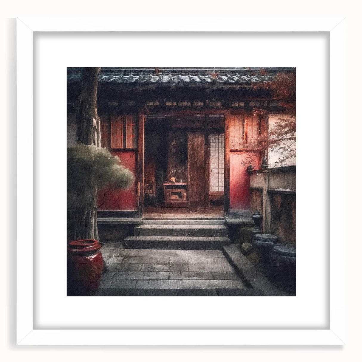 Abstract art print of a Japanese door in muted earth tones, framed in white, ideal for dining room decor.