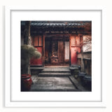 Abstract art print of a Japanese door in muted earth tones, framed in white, ideal for dining room decor.