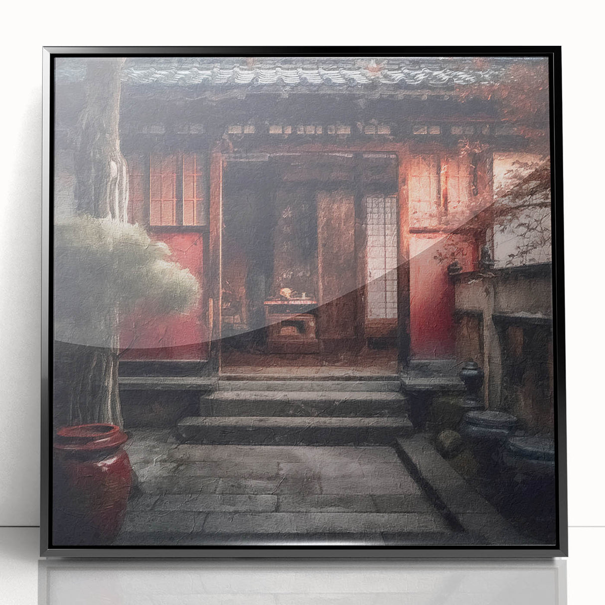 Large abstract wall art featuring a mid-century modernist style Japanese door design in black and white, acrylic framed.