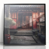 Large abstract wall art featuring a mid-century modernist style Japanese door design in black and white, acrylic framed.