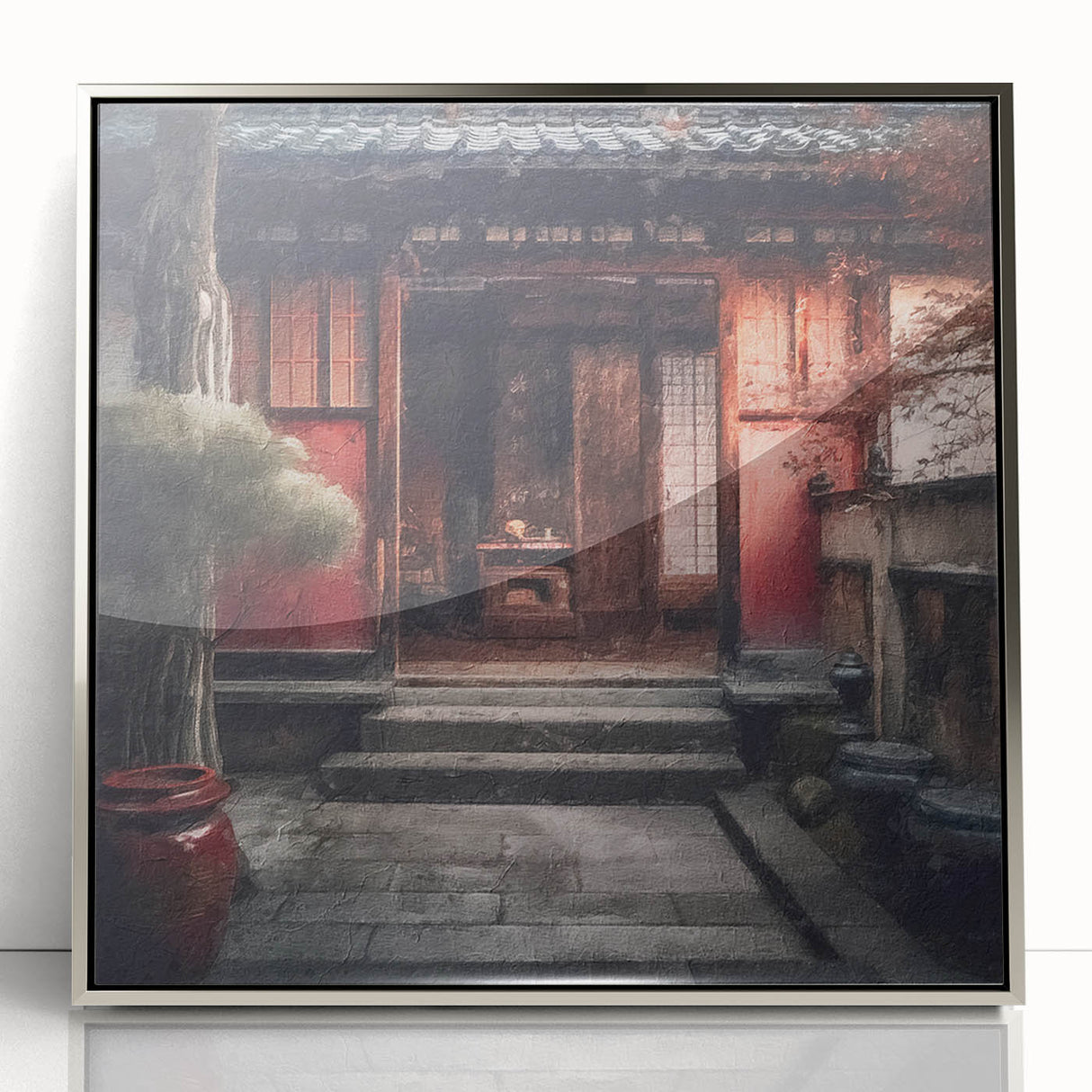 Mid-century modernist art of a Japanese door, acrylic print in silver frame, ideal for nursery wall decor.