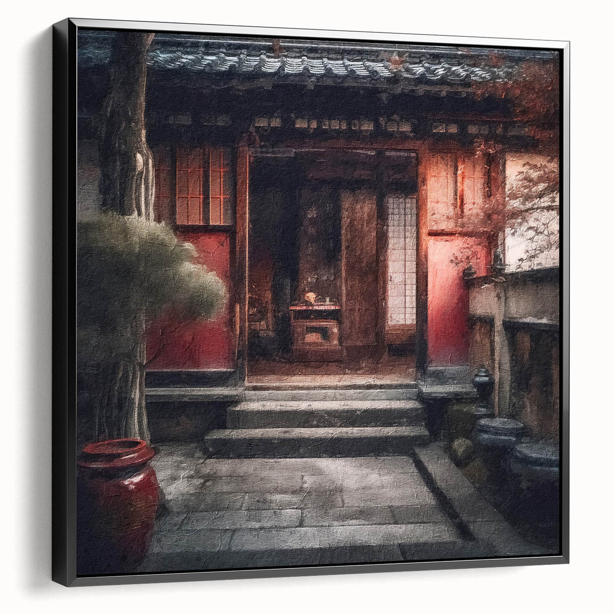 Black and white framed canvas featuring a vintage Japanese door design, ideal for bedroom wall decor.