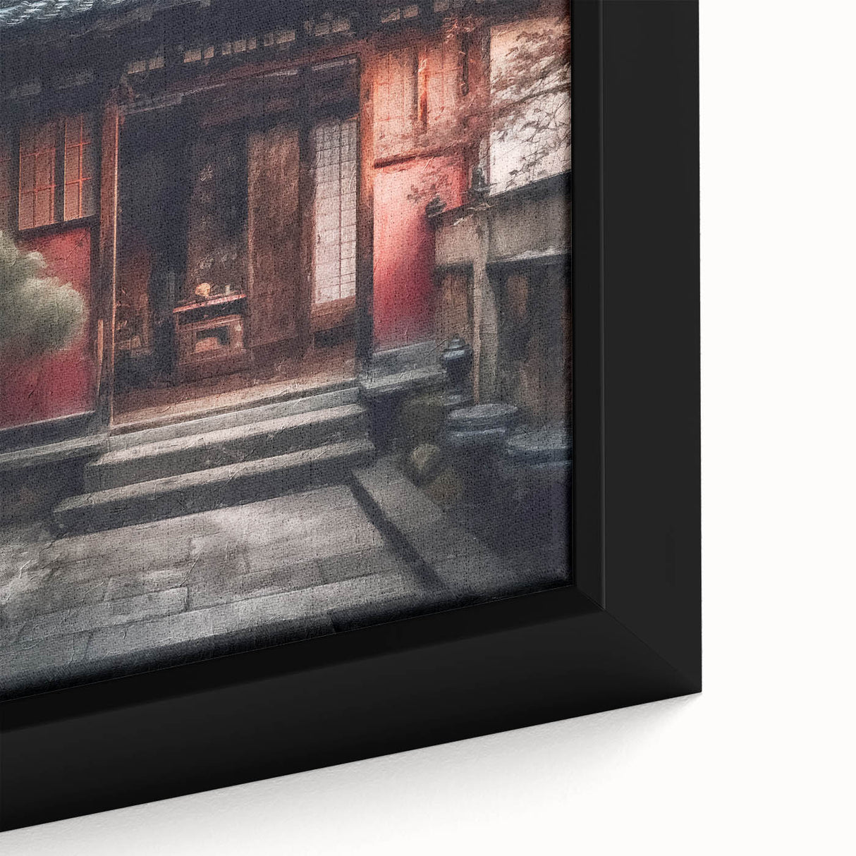 Close-up of a black framed canvas featuring a textured, colorful depiction of a Japanese door, ideal for living room decor.