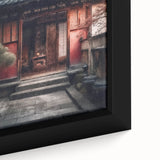 Close-up of a black framed canvas featuring a textured, colorful depiction of a Japanese door, ideal for living room decor.