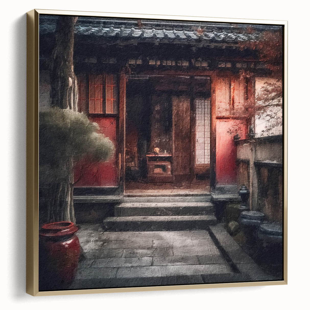 Framed canvas featuring a vintage poster of a Japanese door in silver and gold, ideal for bedroom wall art.