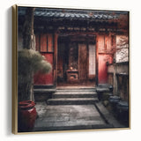 Framed canvas featuring a vintage poster of a Japanese door in silver and gold, ideal for bedroom wall art.