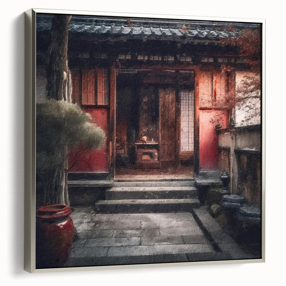 Framed canvas of a vintage Japanese door in black with colorful detailing.