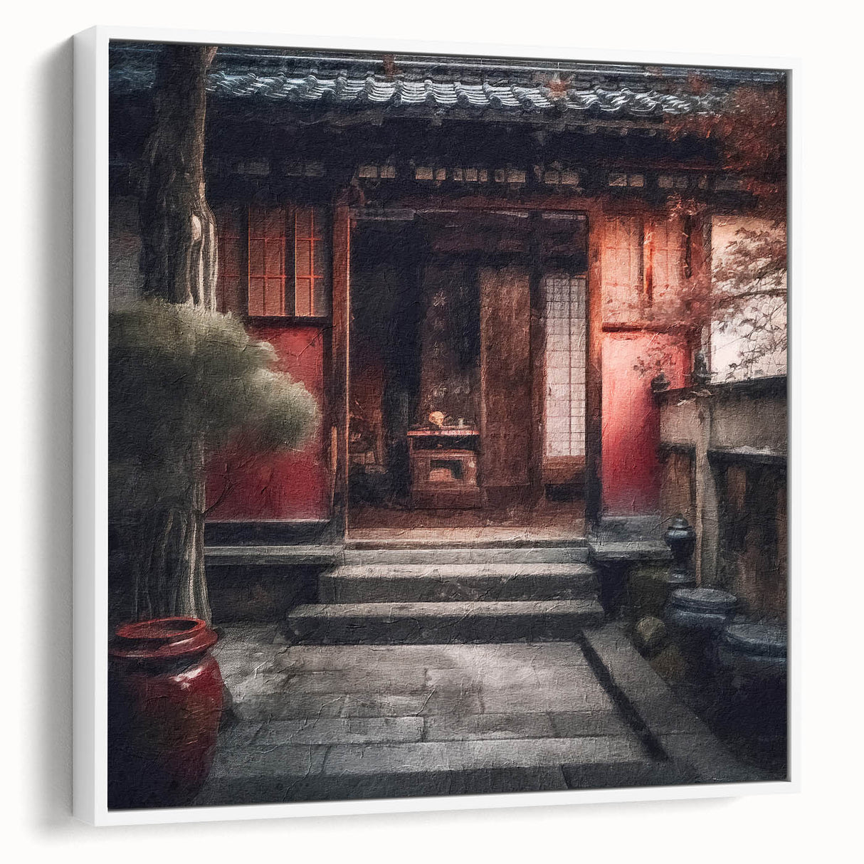 Vintage poster art of a Japanese door on a framed canvas, featuring a palette of black with colorful accents.