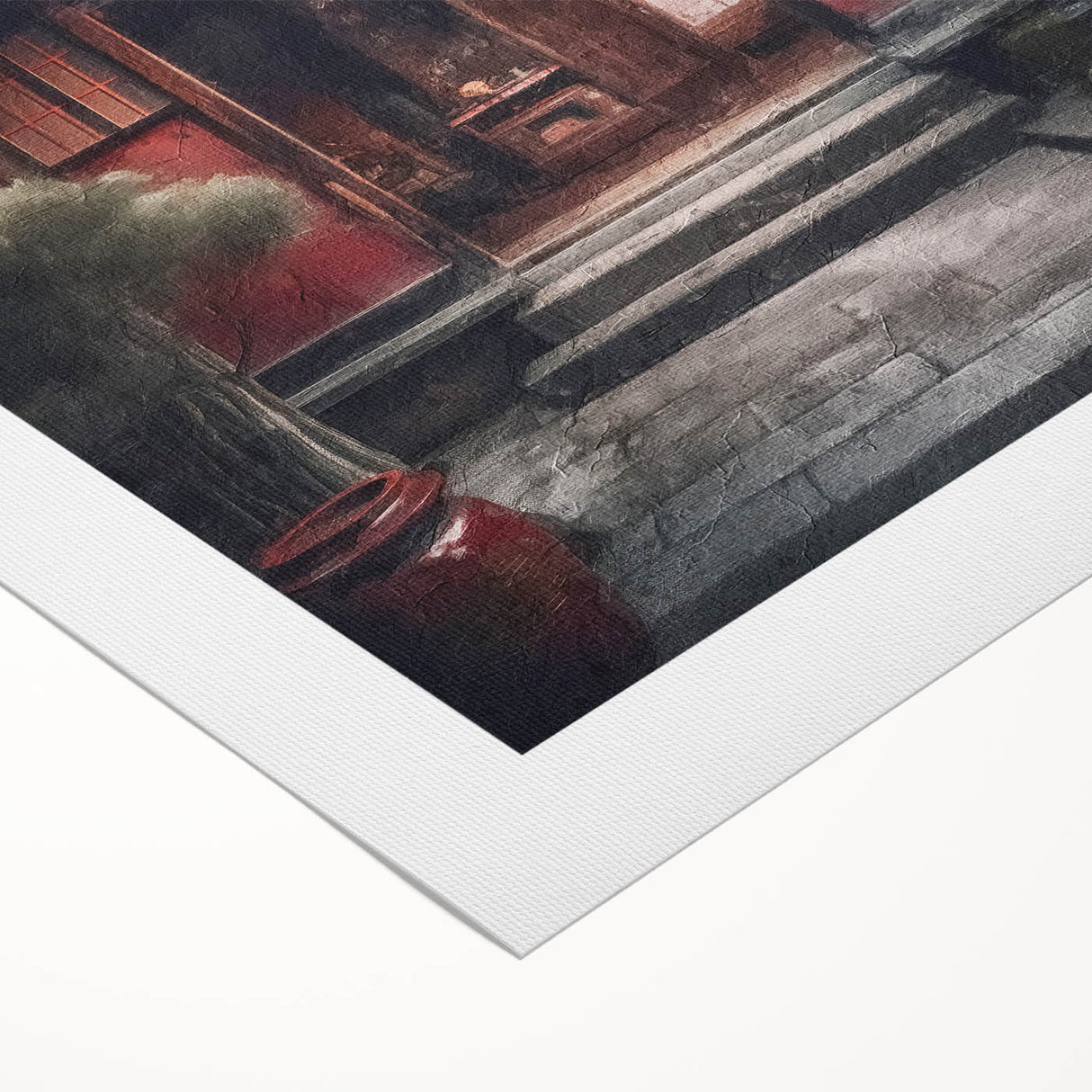 Art deco poster of a Japanese door design in muted earth tones on rolled canvas, suitable for dining room wall art.