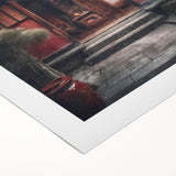 Art deco poster of a Japanese door design in muted earth tones on rolled canvas, suitable for dining room wall art.