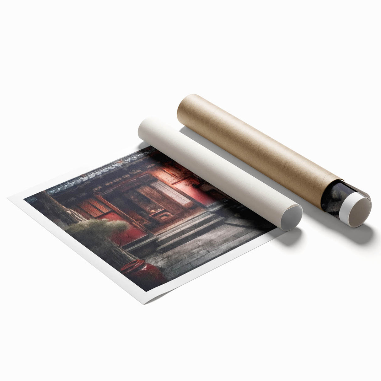 Extra large rolled print of a Japanese door with floral motifs in neutral tones, ideal for classy bathroom wall art.