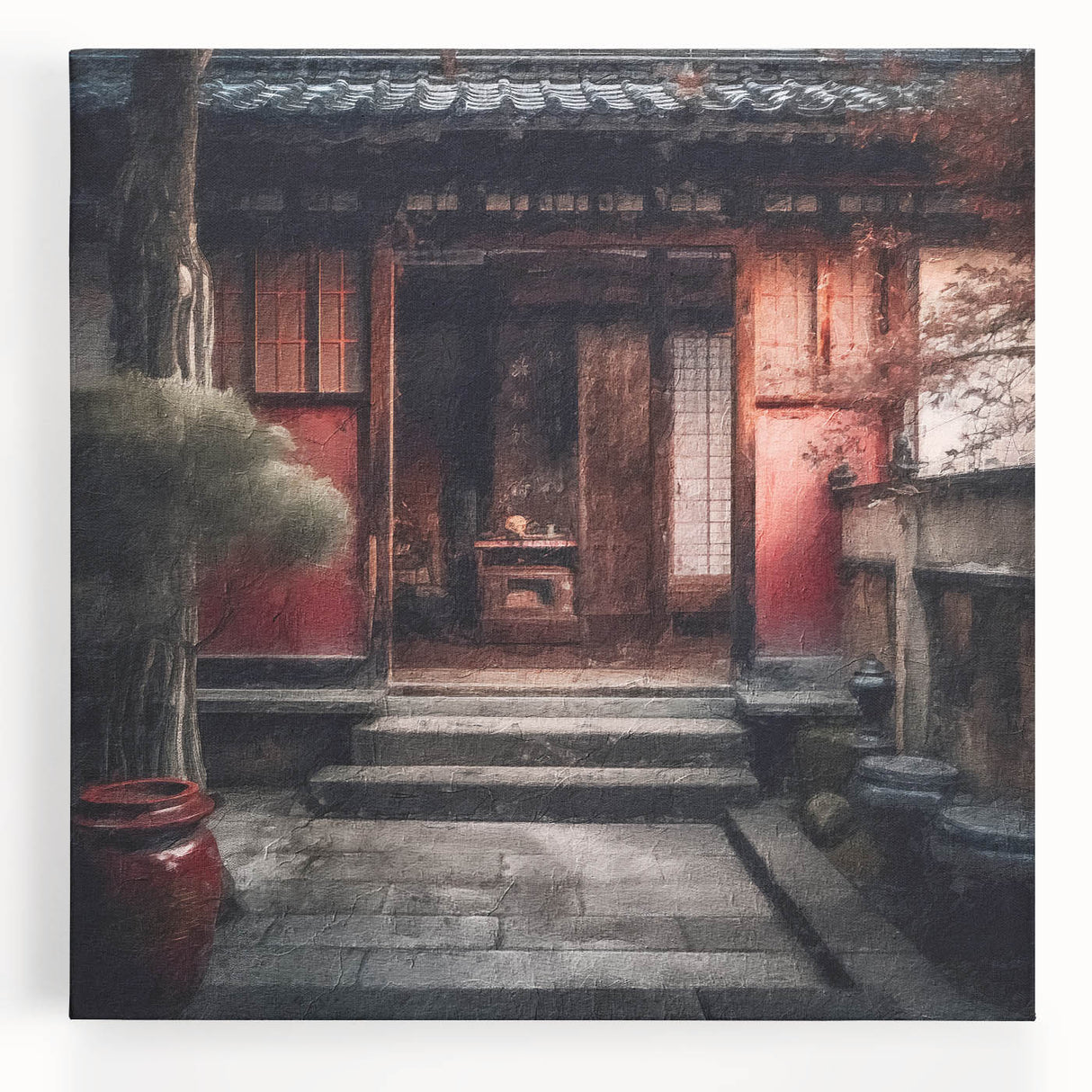Black and white photograph of a traditional Japanese door on stretched canvas, suitable for kitchen wall art.