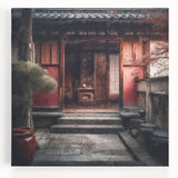 Black and white photograph of a traditional Japanese door on stretched canvas, suitable for kitchen wall art.