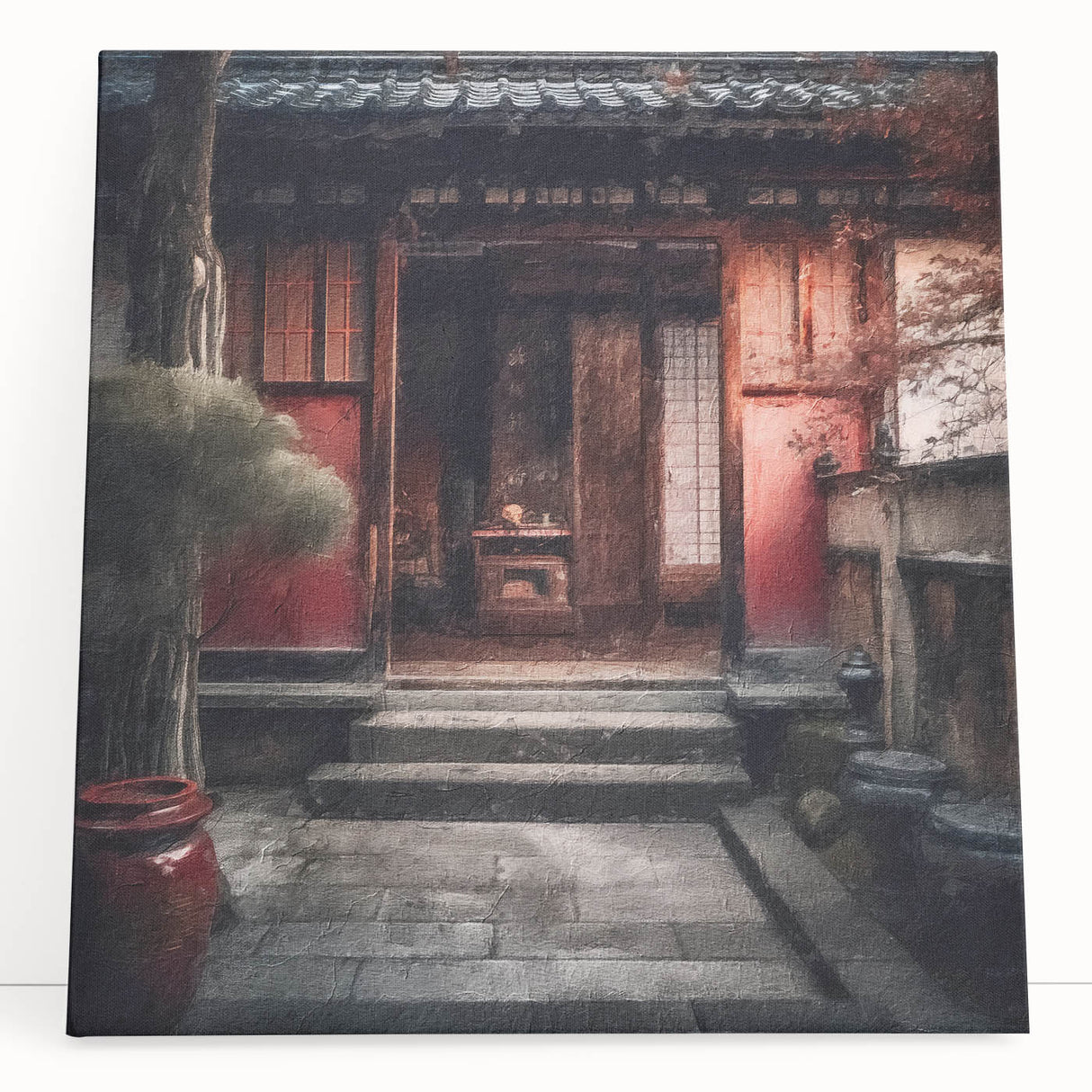 Black and white photo of a Japanese door design on a stretched canvas, ideal for kitchen wall art or bedroom ambiance.
