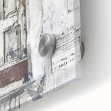 Close-up acrylic print of a rustic Italian door, featuring earthy tones and mid-century modernist style.