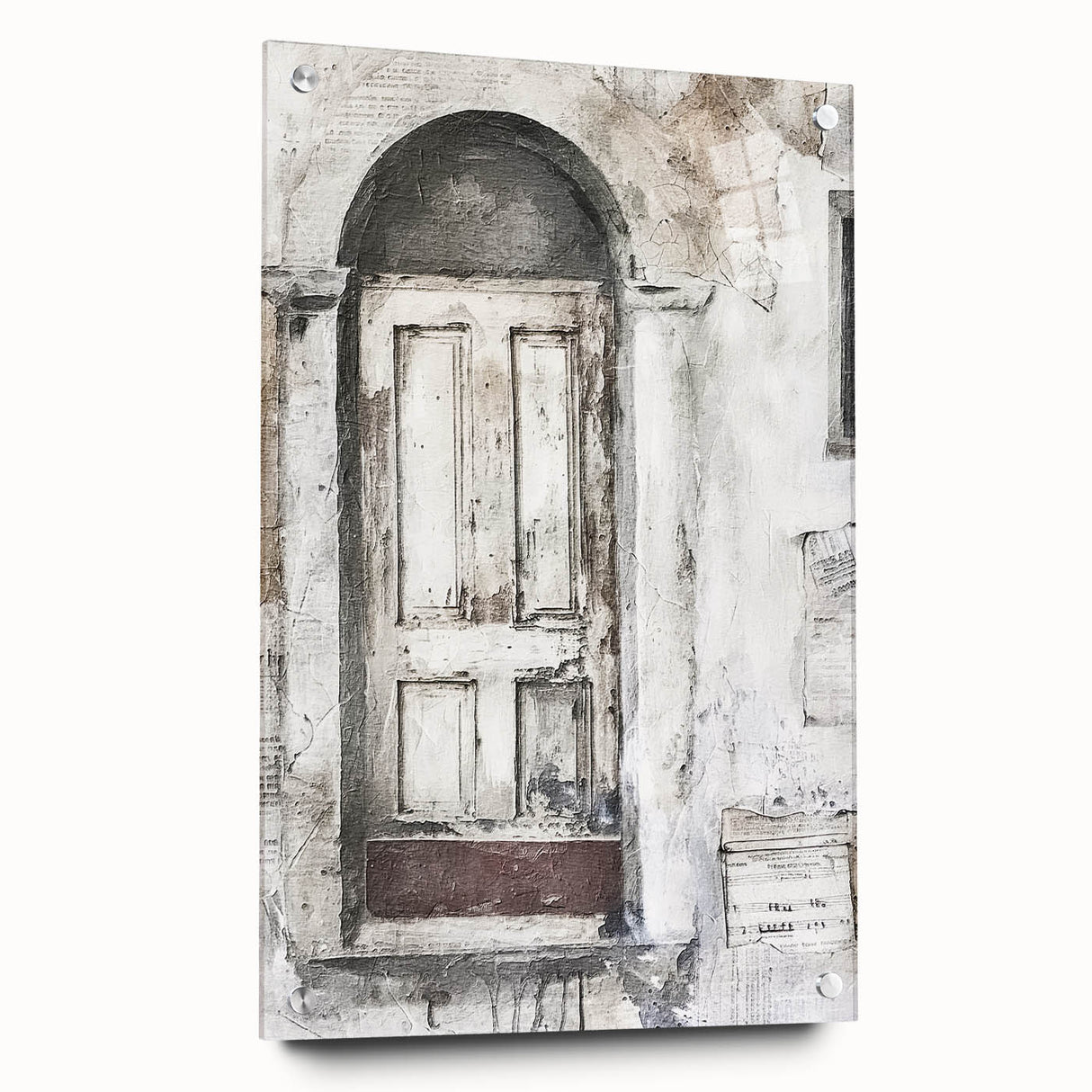 Rustic Italian door design on acrylic glass, featuring earthy tones and architectural details.
