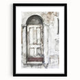 Extra large abstract art print featuring a colorful, textured depiction of a rustic Italian door, framed in black.