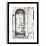 Extra large abstract art print featuring a colorful, textured depiction of a rustic Italian door, framed in black.