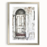 Textured art depicting a rustic Italian door in muted earth tones on a framed canvas, ideal for bedroom decor.