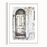 Rustic Italian door design in muted earth tones on a framed canvas, suitable for dining room decor.