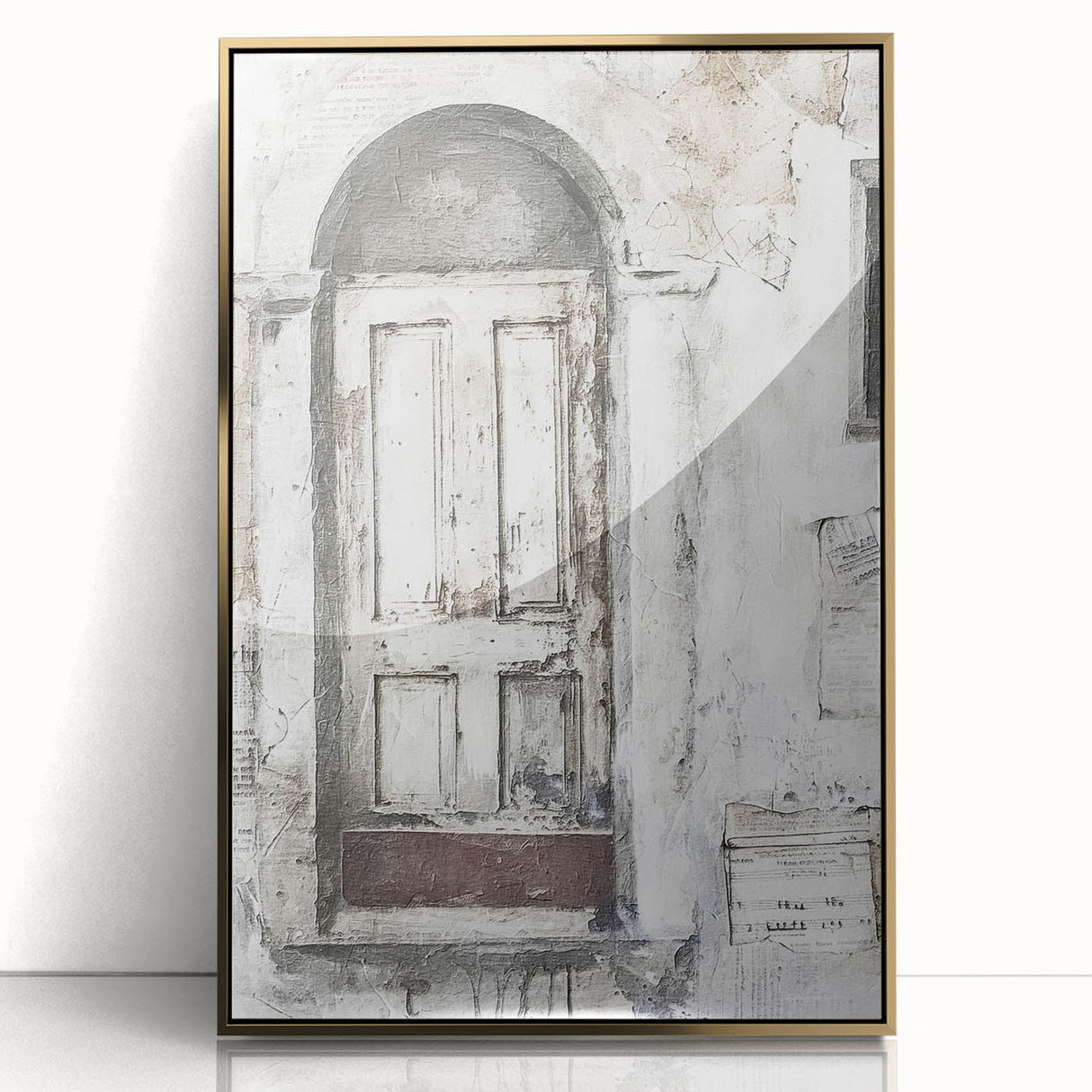 Rustic Italian door design on a large framed acrylic print, featuring gold and earth tones, ideal for modern art wall decor.