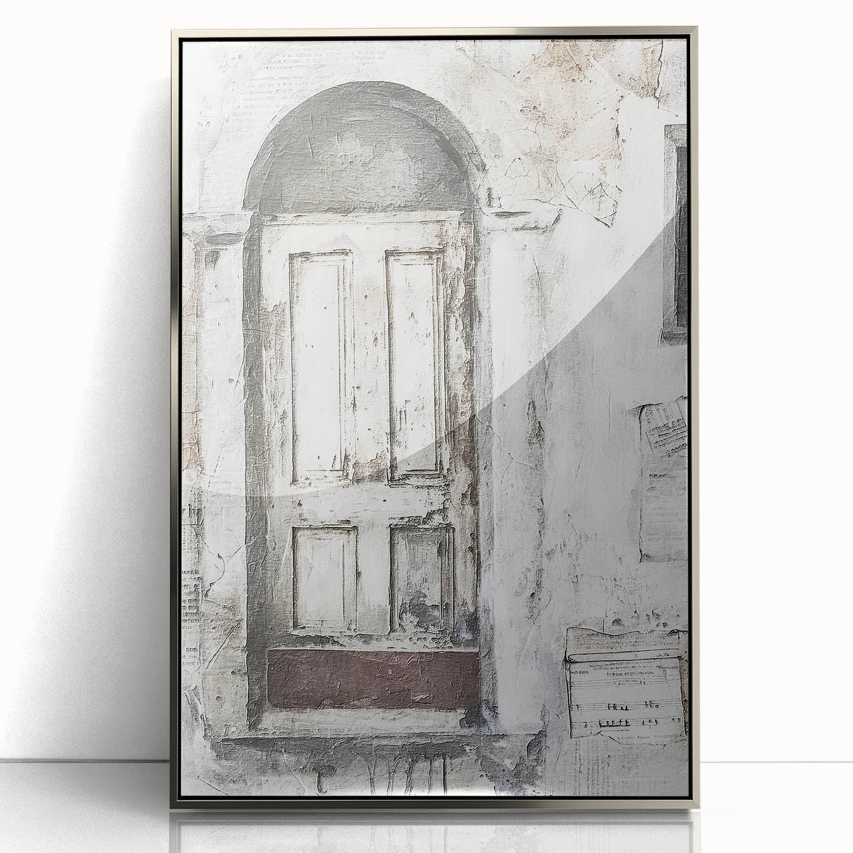 Mid-century modernist acrylic print of a rustic Italian door in muted earth tones, framed in silver.
