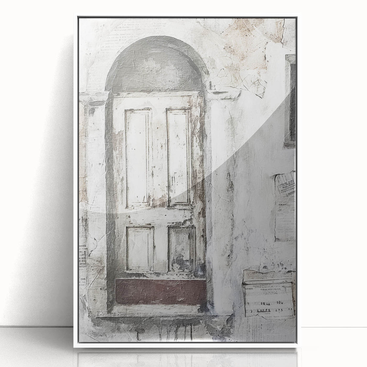 Framed acrylic print of a rustic Italian door in muted earth tones, ideal for modern art wall decor.