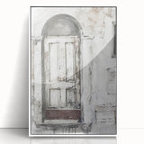 Framed acrylic print of a rustic Italian door in muted earth tones, ideal for modern art wall decor.