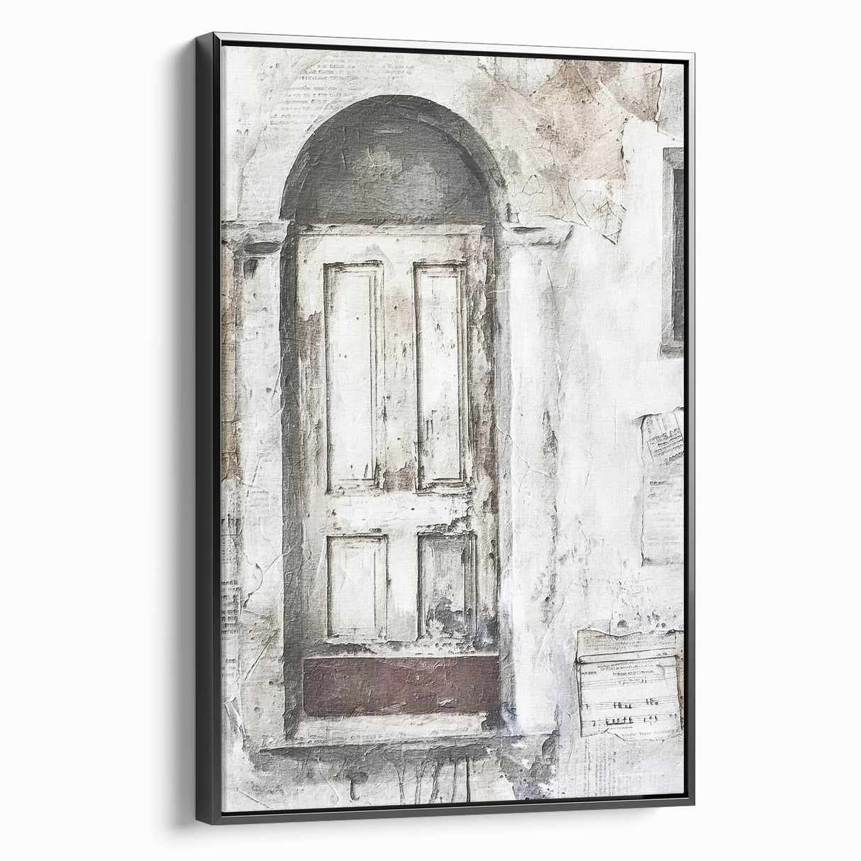 Framed canvas featuring a black and white photo of a rustic Italian door, ideal for bedroom wall art.