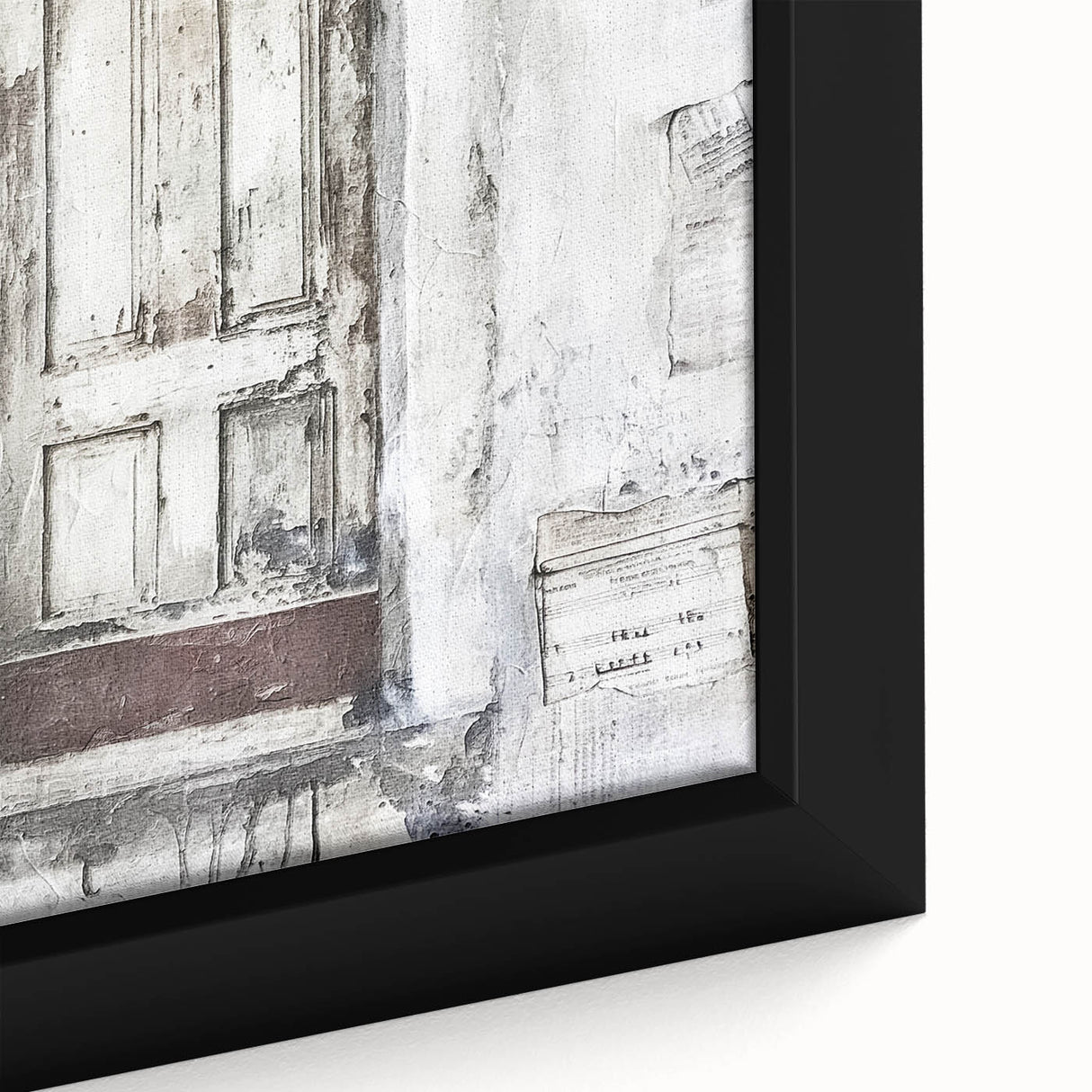 Close-up of a rustic Italian door depicted in textured black wall art on a framed canvas, ideal for living room decor.